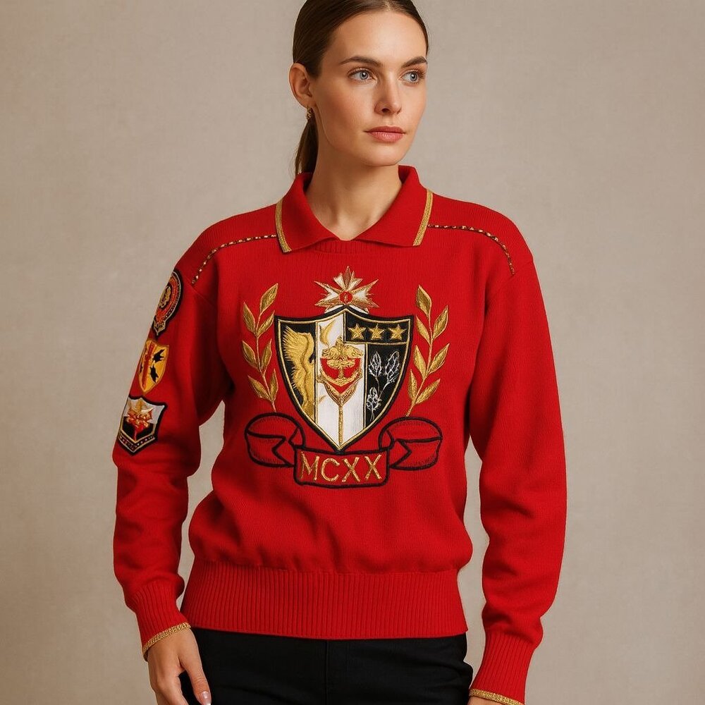 Vintage 80s 90s Red‎ Crest Sweater with Gold Details Retro Streetwear Medium Top